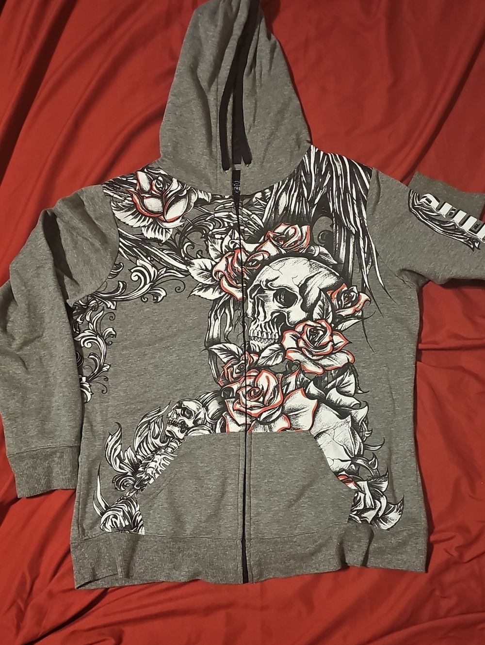 Gray Zip-Up Hoodie with Skull & Rose Graphic
